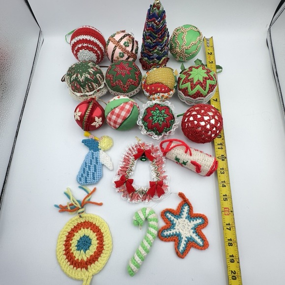 Vtg Quilted Patchwork Crochet Ball Tree Christmas Ornaments Needlework Lot 18 - Picture 3 of 9